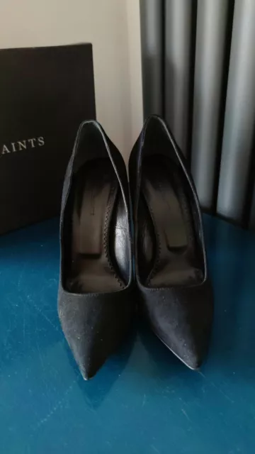 AllSaints Cubista Pump Suede Black Block Heels Court Shoes Size 6/39 *BNWB*