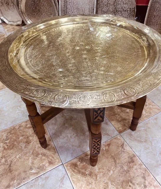 Vintage Rare Moroccan Traditional Brass Tray Top Round Carved Wood 27’’
