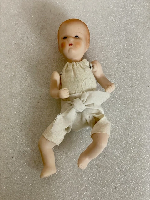 Baby Doll Bisque Porcelain Cloth Body Handmade Dress Hat Wicker Carriage Vintage 5