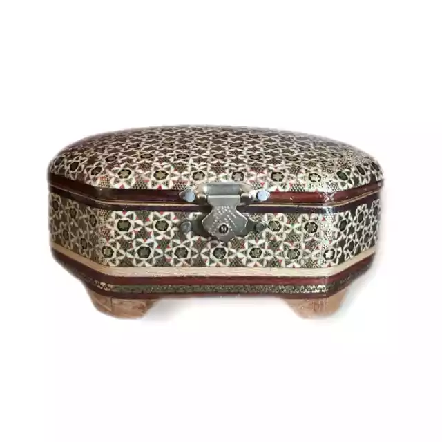 Beautiful Vintage Khatamkari Gold and Blue Persian Marquetry Wooden Jewelry Box