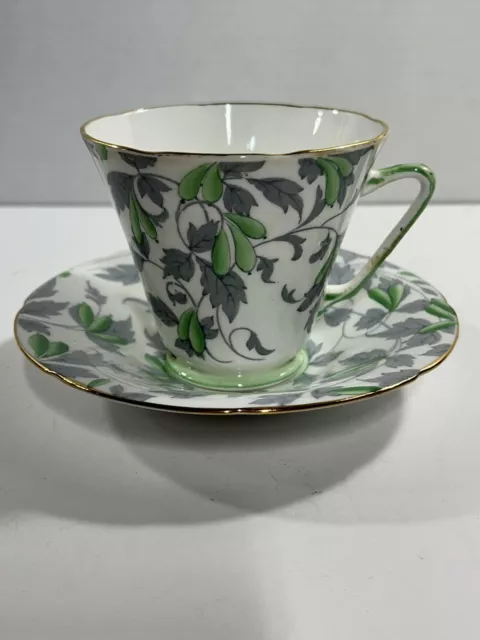 Royal Grafton Bone China Tea Cup & Saucer Green/Gray Floral “Ashley” Gold rimmed