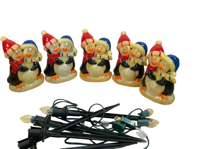 5 LIGHTED PENGUIN Lawn Stakes Vintage Blow Mold Christmas Decorations