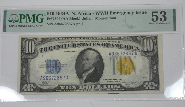 Series of 1934-A $10 North Africa Silver Cert Note PMG 53 About Unc Fr#2309
