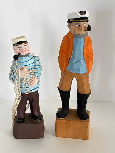 Hand Carved Nautical Fishermen Sea Captain's 10" & 8.5" Lot of 2