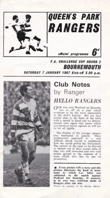 Rare 1966/67 season, Queens Park Rangers v Bournemouth football prog - F.A. Cup.