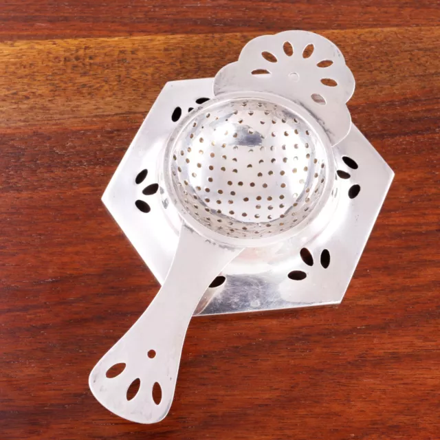American Arts & Crafts Sterling Silver Tea Strainer W/ Drip Bowl Pierced Design