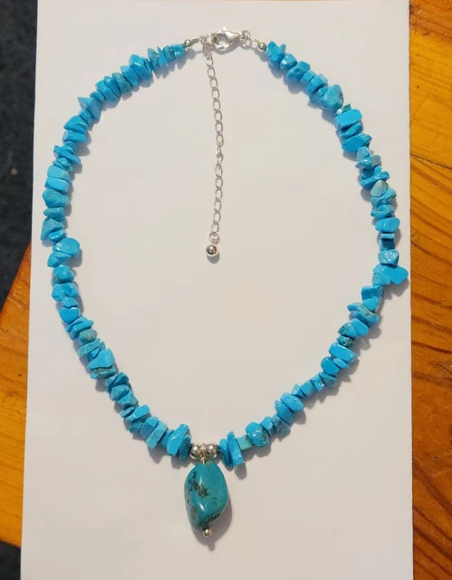 Turquiose Chips Necklace W/ Nugget Pendant All Sterling Silver 16" Nice Gift!
