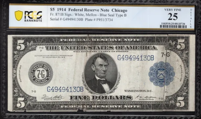 ✪ 1914 $5 Chicago Federal Reserve Note Frn Pcgs 25 Imperfect 94130