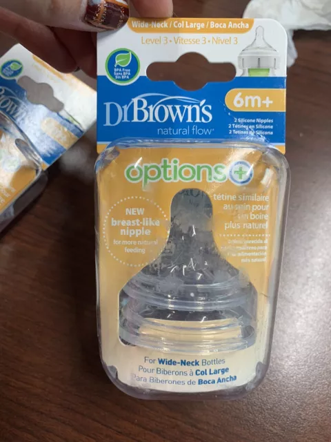 Dr. Browns Natural Flow Wide Neck Silicone Bottle Nipple 6m+ Level 3 (x2) NEW