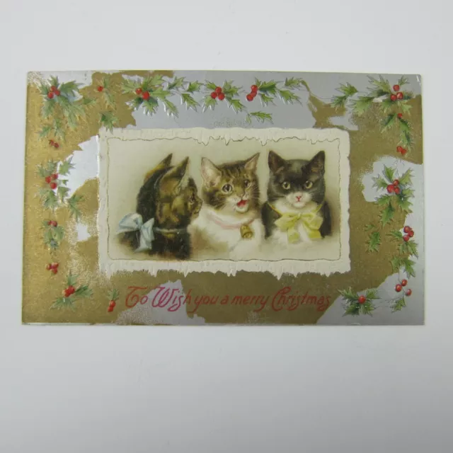 Christmas Postcard Kitty Cats Kittens Holly Berries Gold Silver Embossed Antique