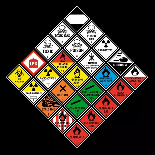 Hazchem Hazard Warning Stickers - 100x100mm - Gas, Explosive, ADR, Corrosive