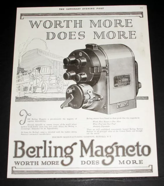 1919 Old Magazine Print Ad, Ericsson Berling Magneto, Worth More, Does More!