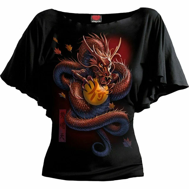 SPIRAL DIRECT SAMURAI Collo Barca Viscosa, Donna/Ragazze/Drago/Tribale/Top/Maglietta