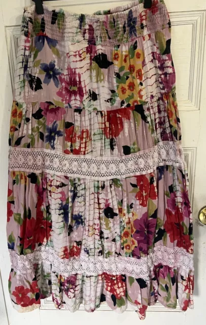 Angie Waterfall MIDI Floral Skirt Size Medium Hippie Boho Festival With Lace