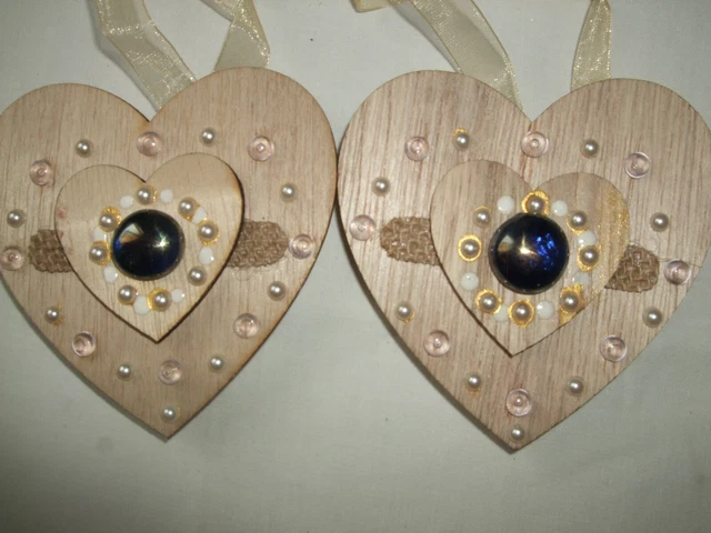 2 Coppia Fermatenda Calamita Magnetico Cuore Legno Vetro Dipinto Mano 10X10 Perl