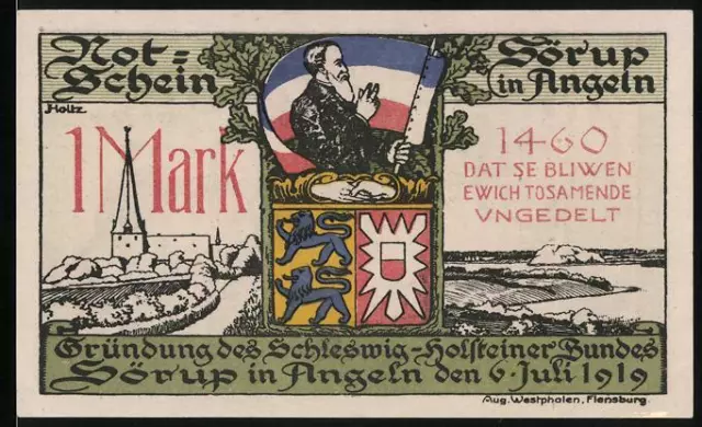 Notgeld Sörup in Angeln 1919, 1 Mark, Kirche, Gründer mit Fahne, Angler Deputat