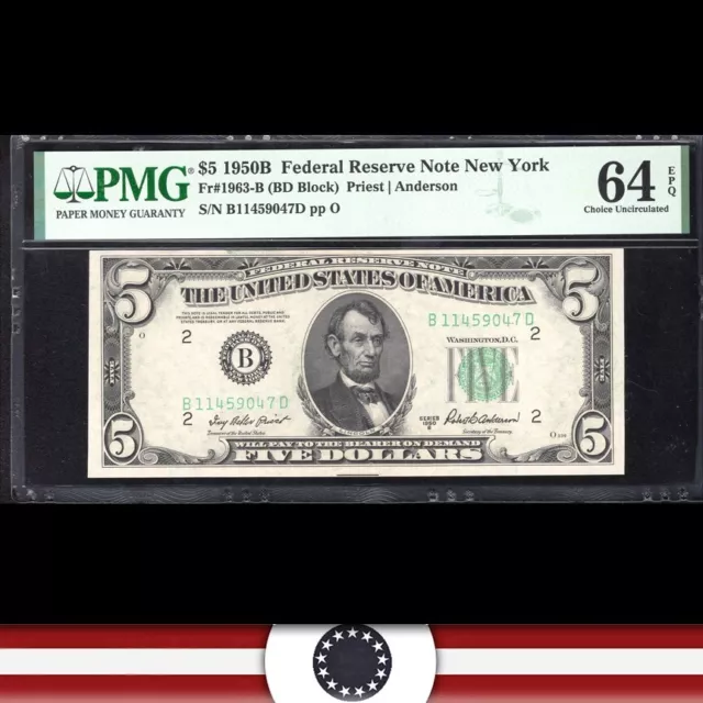 1950-B $5 NEW YORK FRN FEDERAL RESERVE NOTE PMG 64 EPQ Fr 1963-B 59047