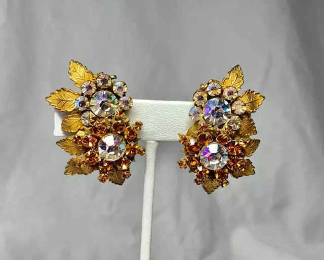 Miriam Haskell Earrings Russian Gilt Leaves AB Early 1930s Signed RARE! Museum