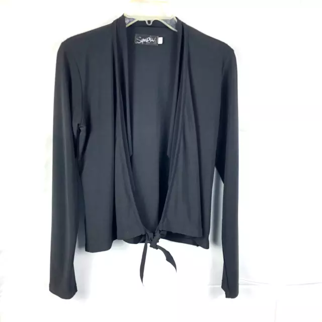 Sympli Size 8 M Cardigan Topper Black Knit Cropped Length Tie Front Drape Ruffle