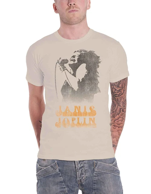 Janis Joplin T Shirt Working The Mic Distressed Logo new Official Mens Sand Size