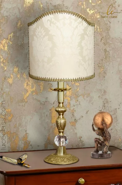 lampada da tavolo comodino classica in cristallo e ottone con ventola damascata