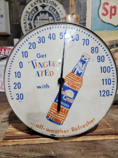 Vintage Advertising Sun Crest Thermometer 1960s Great Shape Round Glass Front