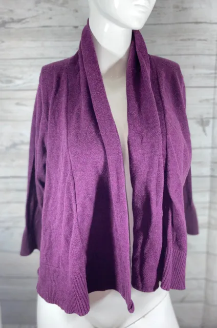 Eileen Fisher 3/4 Sleev Purple Knit Cardigan Sweater Open Front Organic Cotton L