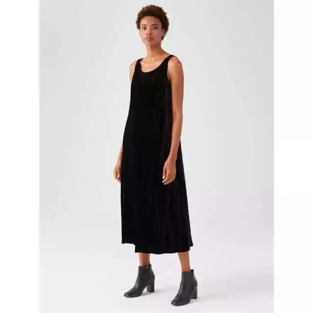 Eileen Fisher Crushed Velvet Scoop Neck Black Midi Dress | Medium