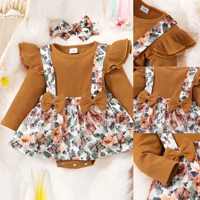 Newborn Baby Girl Floral Ruffle Suspender Jumpsuit Romper Headband Outfits Set