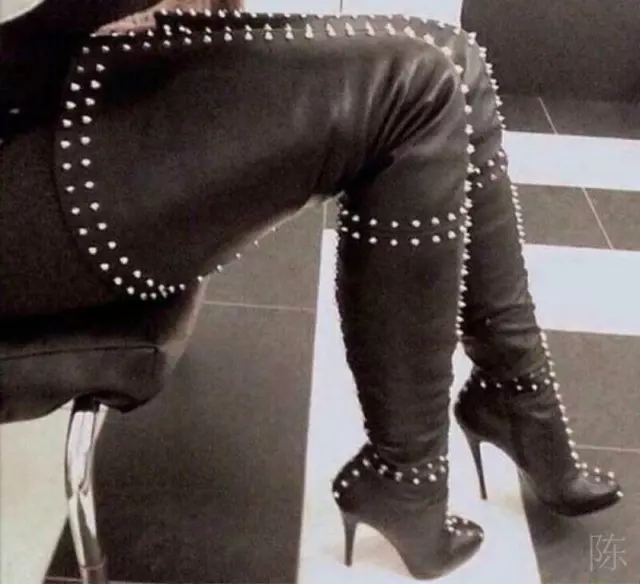 Ladies Studded Over The Knee Thigh Boot High Heel Motor Stiletto Spikes shoe New