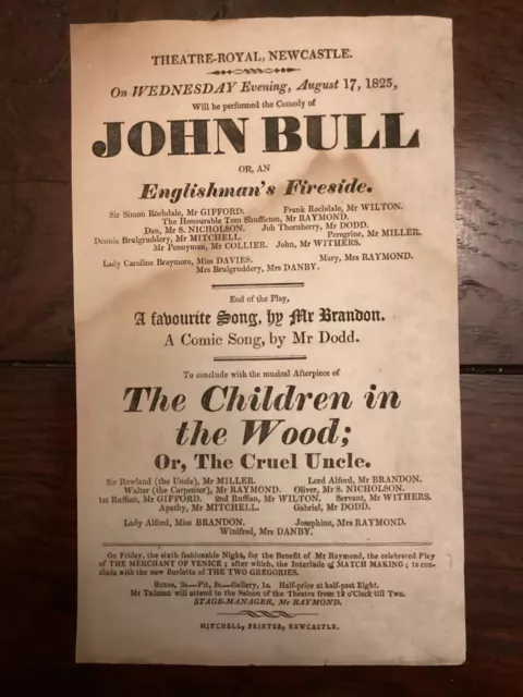 Georgian Playbill Flyer Theatre Royal Newcastle 1825 John Bull