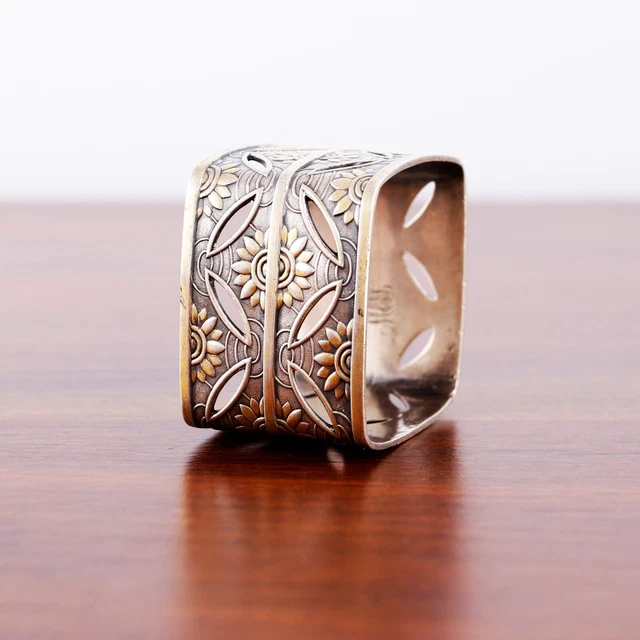 American Chinoiserie Coin Silver Parcel Gilt Napkin Ring Square Sunflowers