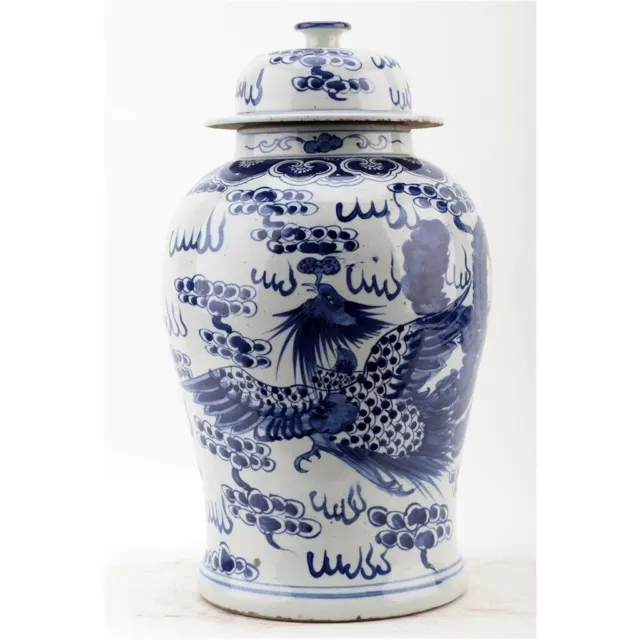 New Chinese Oriental Porcelain Dragon & Phoenix Motif Blue White Ginger Jar 18"