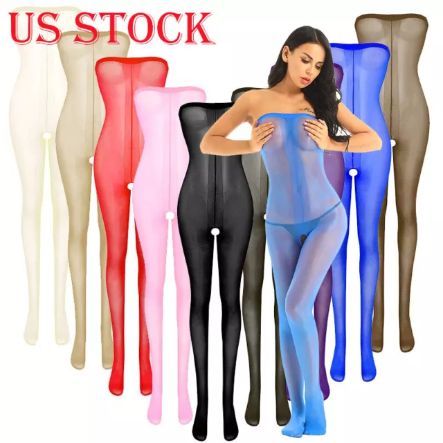 Women's Oil Silk Sheer Pantyhose Crotchless Tights Thigh High Stockings Hosiery