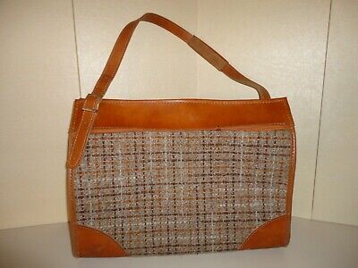 Vintage Hartmann Luggage Brown Plaid Tote Bag Carry On Purse Leather Trim
