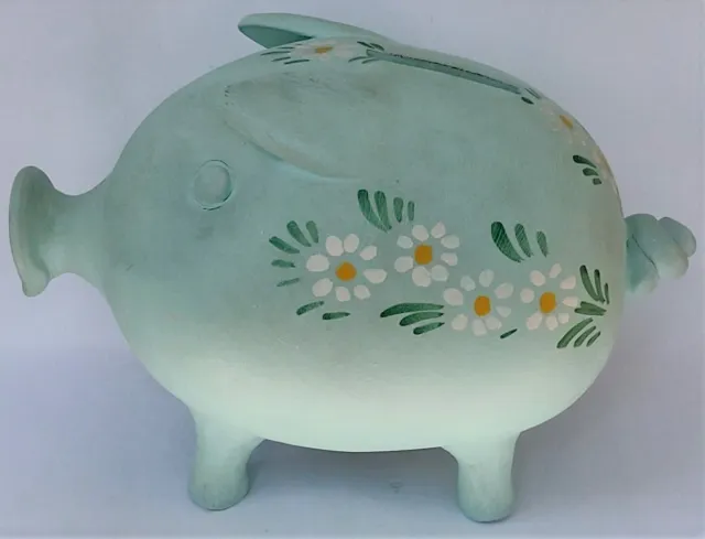 Vintage Hand Painted Soft Green Italian Pottery Ceramic Pig Piggy Bank w/Daisies