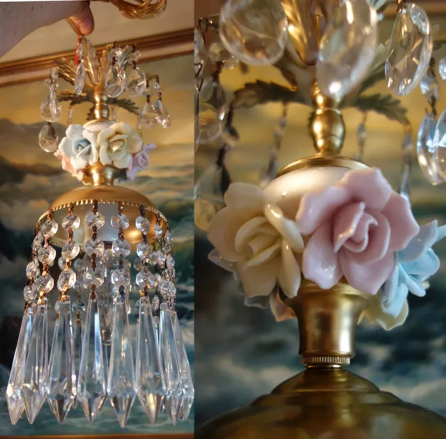 Porcelain mini barbola Rose Brass chandelier Swag vintage lamp crystal prism