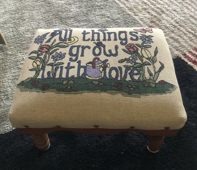 Vintage Antique Embroidered Needlepoint Foot Stool “All Things Grow With Love”