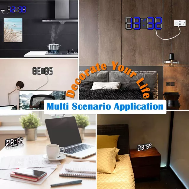 Digital 3D LED Big Wall Desk Alarm Clock Snooze 12/24 Hours Auto Brightness USB 2