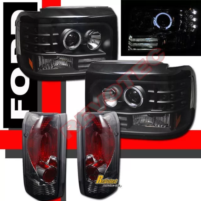 92-96 Ford F150 Bronco Halo LED Black Projector Headlights & Tail Lights Smoke