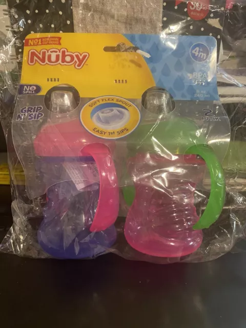 Nuby 2-Pack Two-Handle No-Spill Super Spout Grip N' 2 Count, Pink and Purple