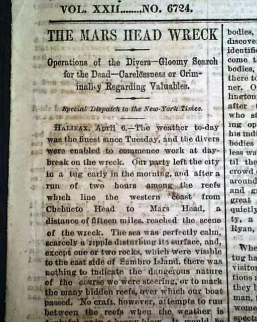 WRECK OF THE RMS ATLANTIC White Star Line Ocean Liner Steamer 1873 NYC Newspaper