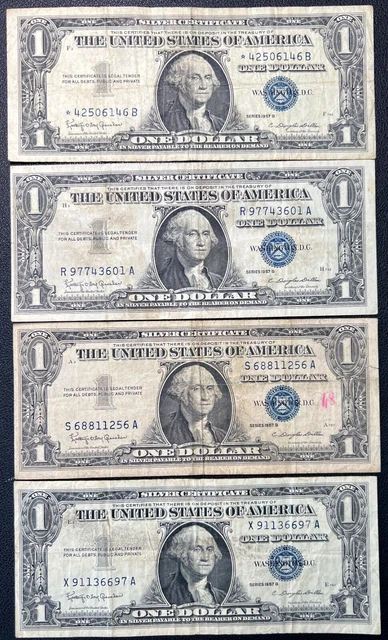 Lot of (4) 1957 B One Dollar Circulated Silver Certificates Incl. 1 *Star* Note