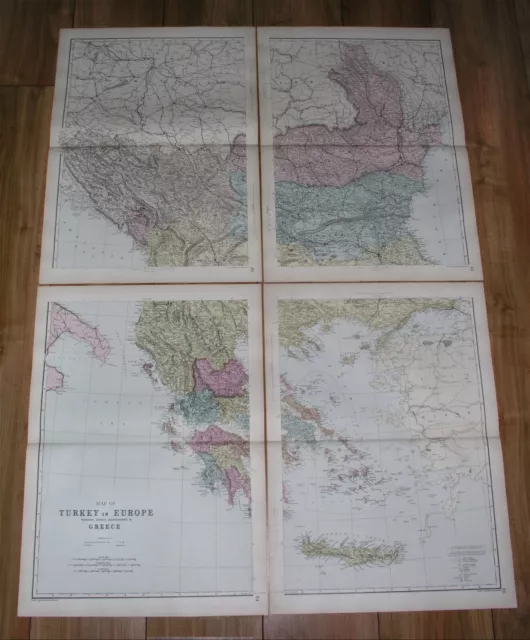 1891 Four-Sheet Antique Map Of Balkans Turkey In Europe Ottoman Empire Greece