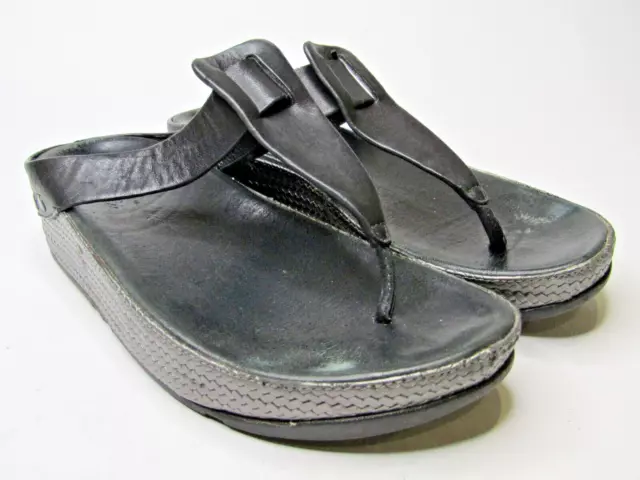 Fitflop Ibiza Womens Black Leather Sandals Thong Wedge Platform Shoes Sz 7