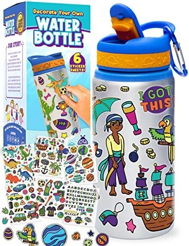 PURPLE LADYBUG DIY Water Bottle for Boys with Stickers - Great Gifts for Kids...