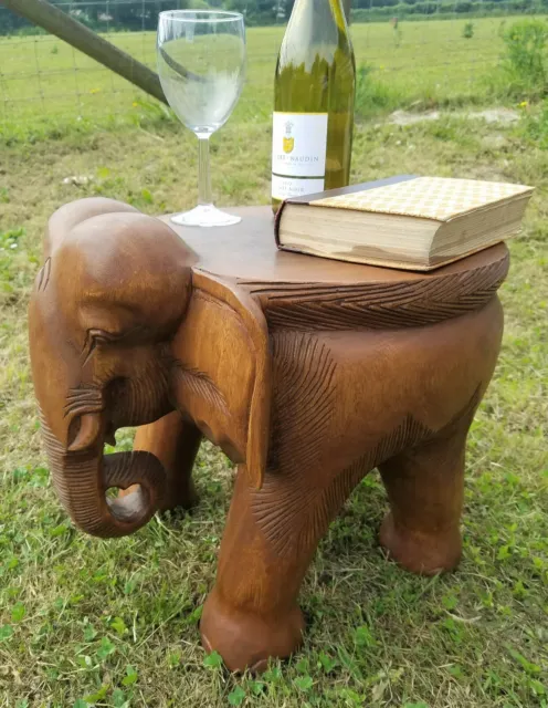 Large Elephant Table/Solid Wood/Hand Carved/Lamp Table/Plant Stand/Waxed 14"