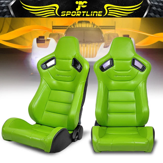 IKON MOTORSPORTS Pair Reclinable Racing Seats - Yellow PU/Carbon Leather + Sliders