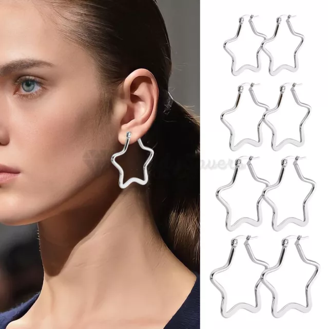 Pair of Silver Star Hoop Earrings Stainless Steel 30-60MM Wide Women's Jewellery