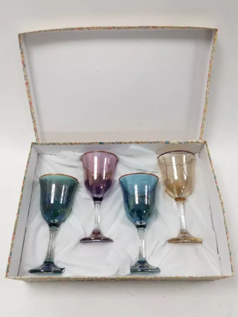 RARE Art Deco 4 Set Crystal Wine Glasses / Goblets In Original Box Made In Italy